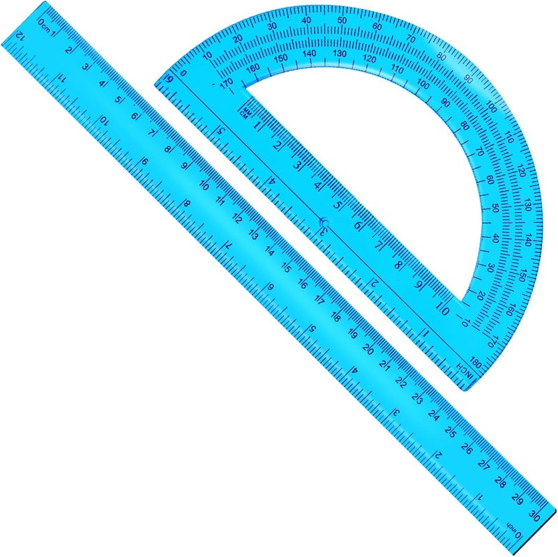 Tdfronien طقم مسطرة بلاستيكية 12 بوصة و منقلة بلاستيكية 6 بوصة (أزرق) - Image 1